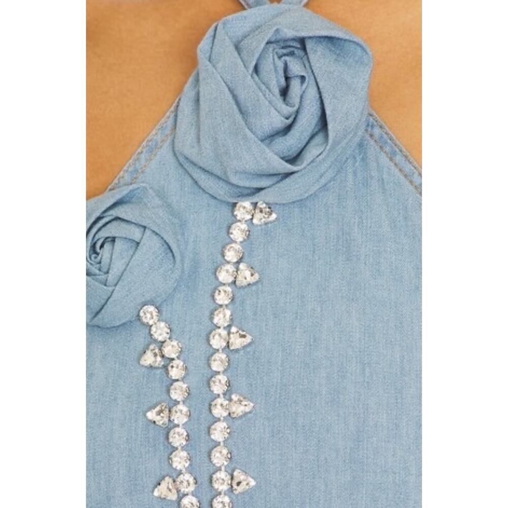 AREA Floral Appliqué Denim Halter Top Super Light Blue Medium 100% Cotton - Picture 5 of 12